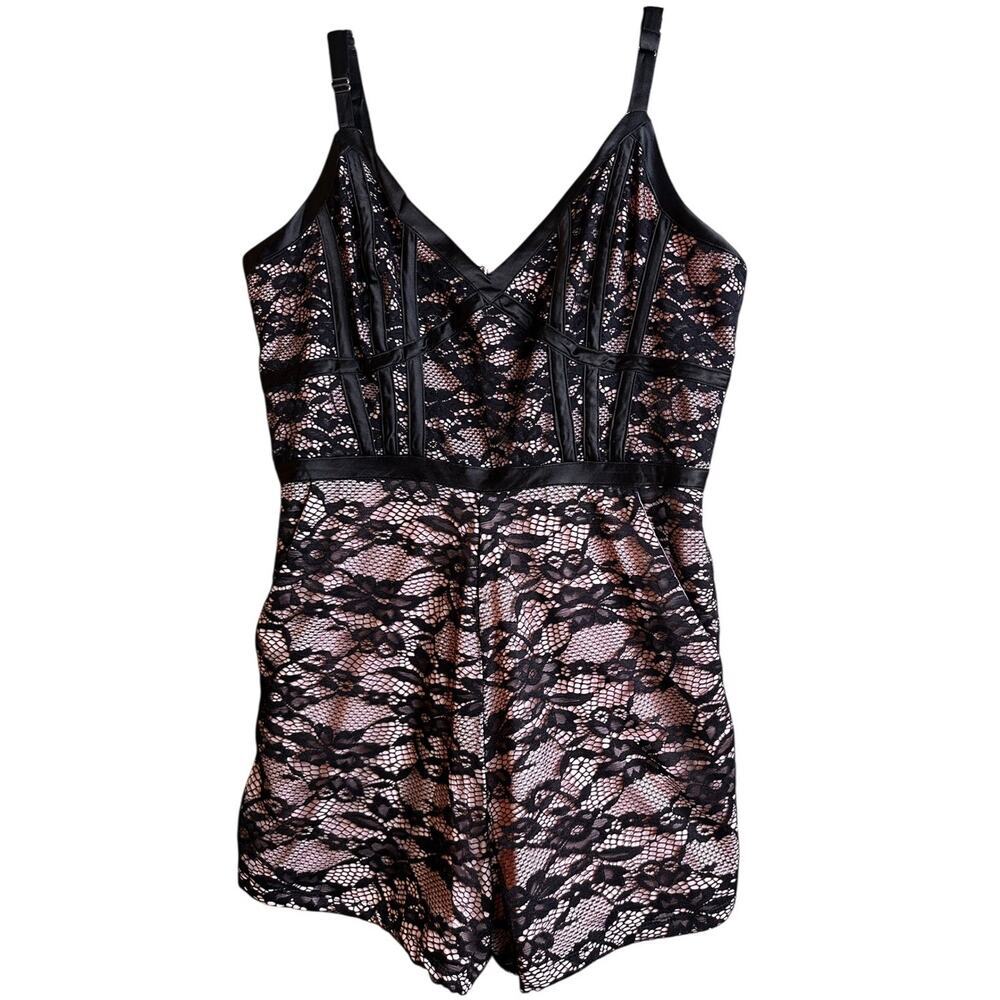 90s BEBE Black Lace Overlay Pink Lining Cocktail‎ Romper Sz M
